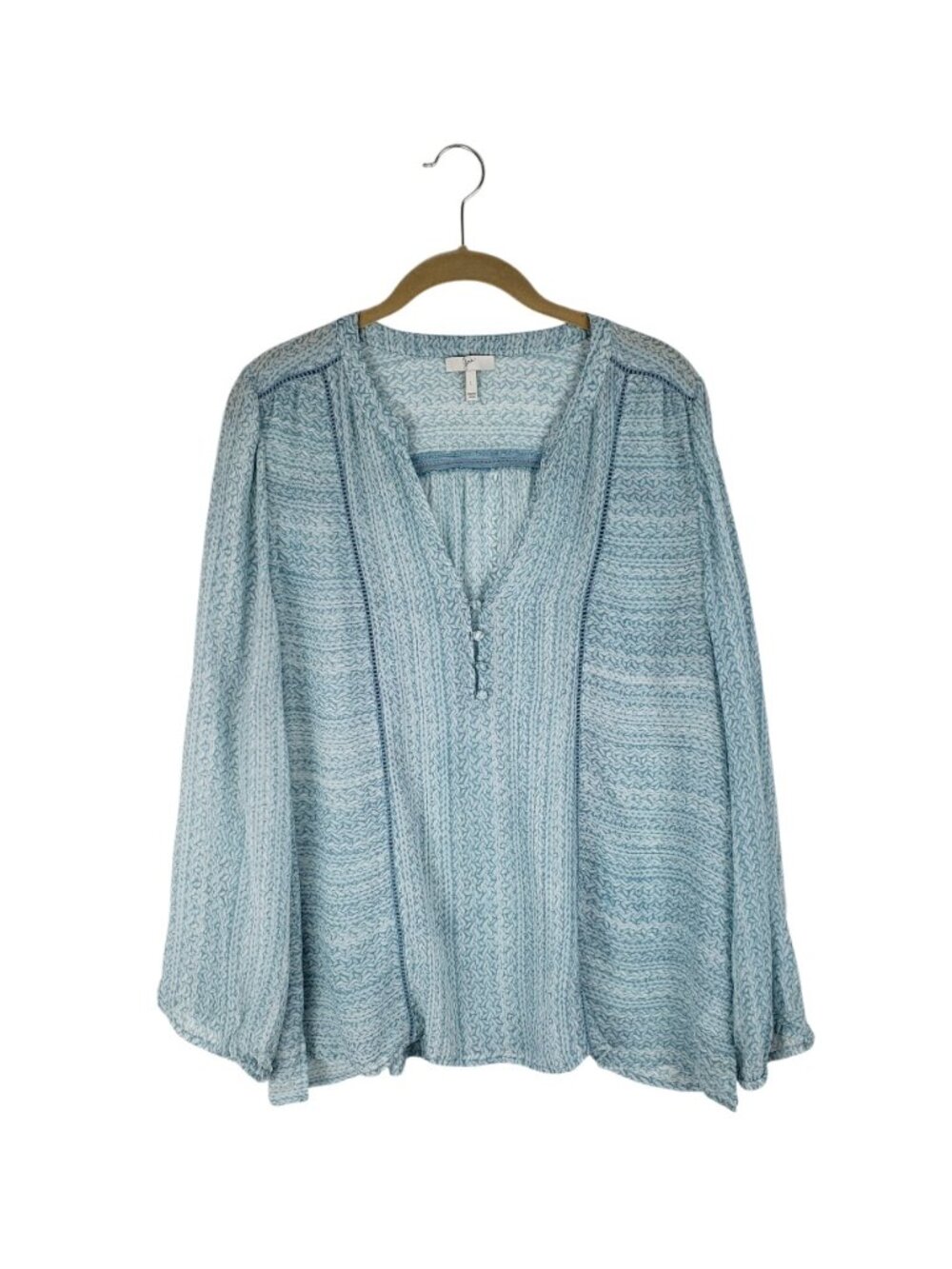 Joie Parmena Silk Peasant Blouse Blue Braid Print Sheer Georgette Womens Large
